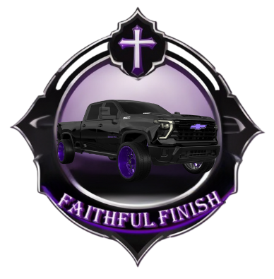 Faithful Finish Auto Spa logo featuring a custom black truck with purple accents and a cross, symbolizing premium mobile detailing with Christian values.