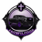 Faithful Finish Auto Spa logo featuring a custom black truck with purple accents and a cross, symbolizing premium mobile detailing with Christian values.