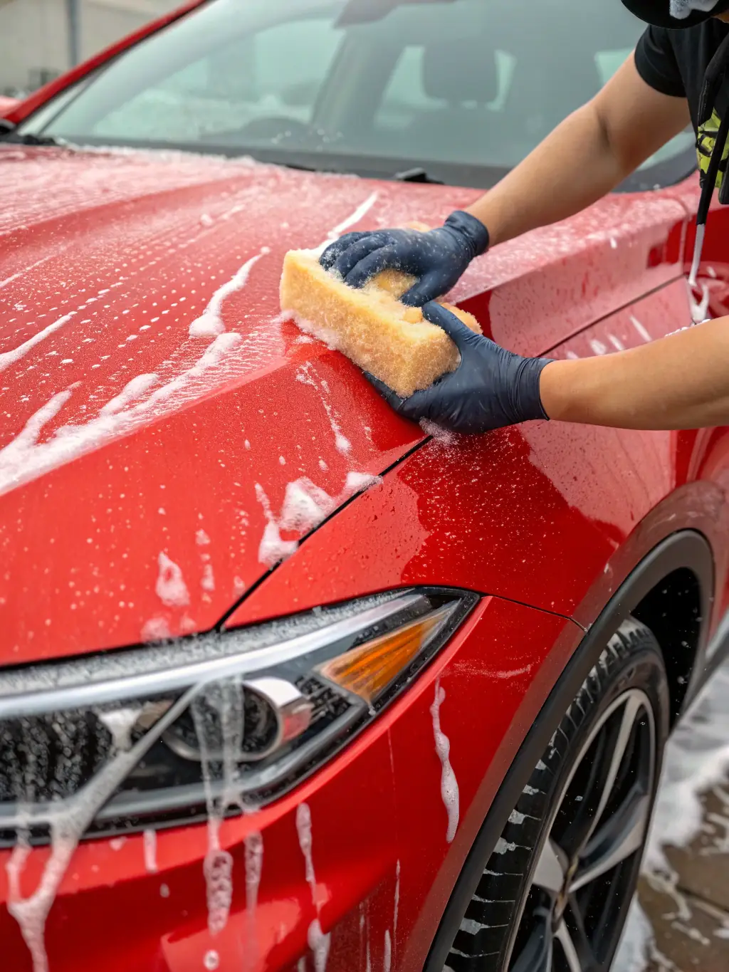 A close-up shot of a technician meticulously hand-washing a black car, showcasing the gentle yet effective cleaning process. The focus is on the soft sponge and the gleaming, wet surface of the car.