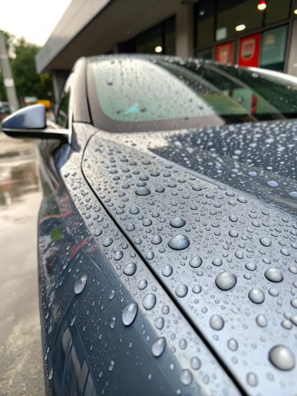 A car with a ceramic coating, water beading up on the surface, demonstrating the hydrophobic properties and protective layer. The background shows a clean, well-lit garage.